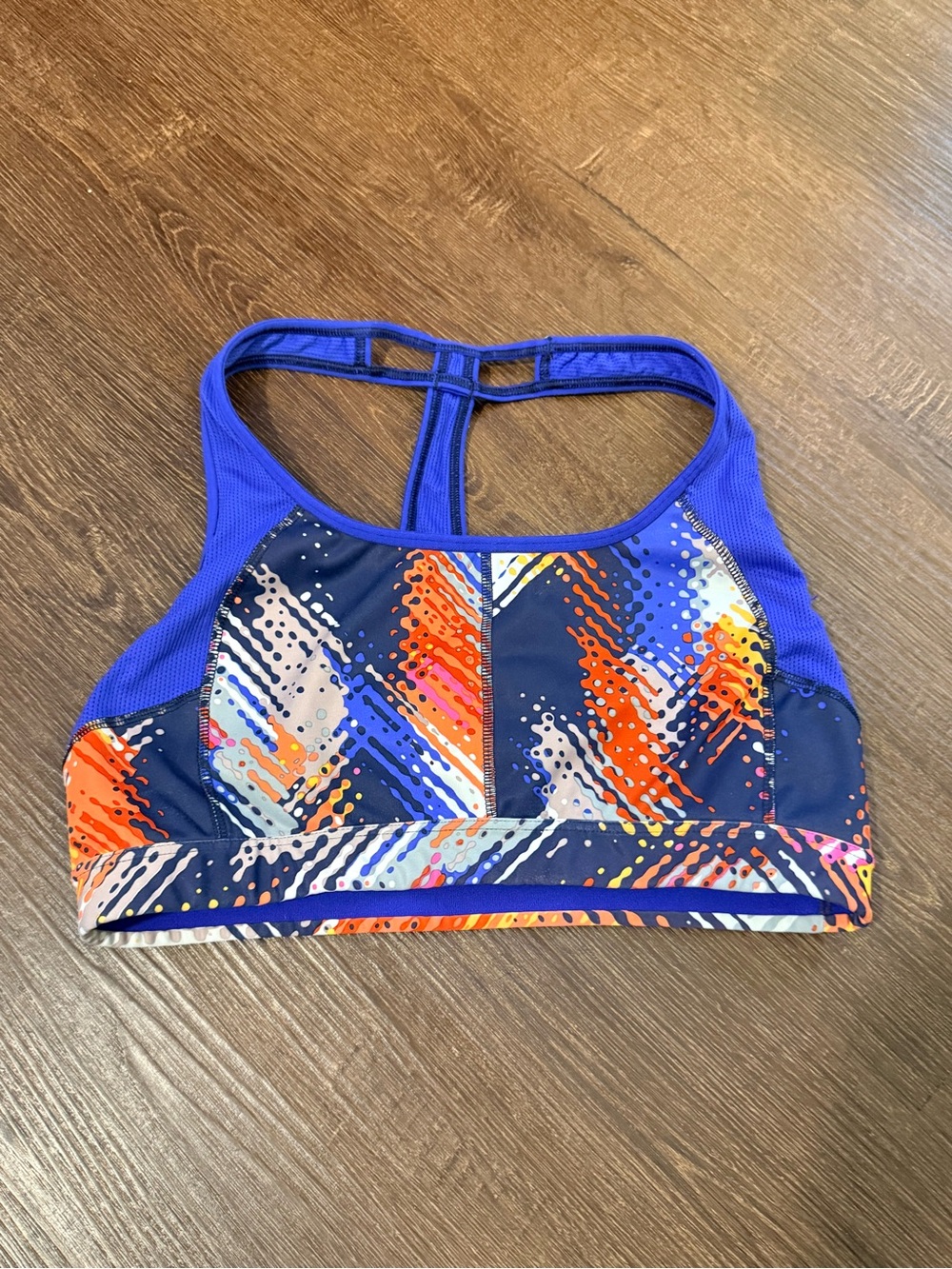 Athleta Blue Multi-Color Racerback Sports Bra with Abstract Print